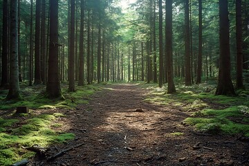 Poster - Enchanting Forest Path with Sunlight Streaming Through Trees Lush Green Mossy Ground Serene Woodland Scene Nature's Tranquility : Generative AI