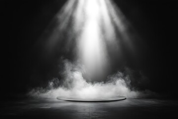Aufkleber - Dramatic Spotlight Shines on Empty Stage with Smoke Moody Black and White Photography Abstract Performance Art : Generative AI