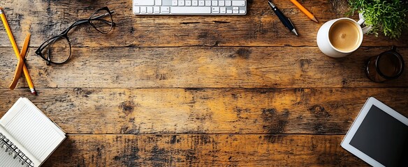 Aufkleber - Rustic Workspace Top View with Keyboard Coffee Tablet and Stationery on a Distressed Wooden Desk for Productivity : Generative AI