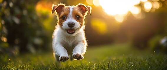 Poster - Happy Dog Running Through Green Field Smiling Jack Russell Terrier Puppy Enjoying Sunset : Generative AI