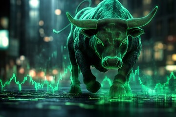 Poster - Digital Bull Illustration with Stock Market Graph Futuristic Finance Technology Investment Trend Concept Art Modern Design : Generative AI