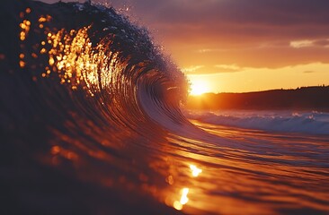 Aufkleber - Dramatic Sunset Wave Crashing with Golden Light Reflections Powerful Ocean Energy and Scenic Coastal View for Adventure and Wonder : Generative AI