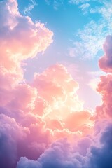 Poster - Dreamy Pastel Sky with Pink and Purple Clouds Fluffy Cloudscape Background Heavenly Atmosphere with Sunlight Gradient Colors : Generative AI