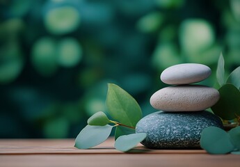 Aufkleber - Zen Stone Stack with Green Leaves in Serene Garden Setting for Meditation Relaxation Wellness and Mindfulness Practice : Generative AI