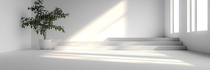 Leinwandbilder - Minimalist Interior with Plant and Sunlight White Room with Steps Modern Architecture and Design Clean and Bright : Generative AI