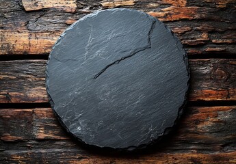 Aufkleber - Rustic Slate Plate on Dark Wood Background Empty Serving Board for Food Presentation Top Down Shot of Kitchenware : Generative AI
