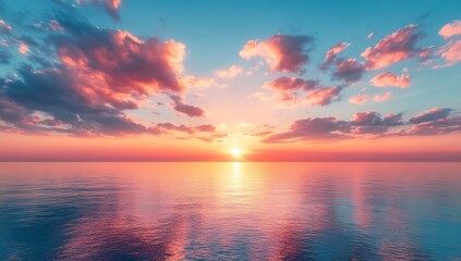 Poster - Serene Ocean Sunset with Pink Clouds Tranquil Seascape Reflecting Golden Light Beautiful Nature Scene for Relaxation and Travel : Generative AI