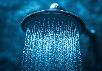 Poster - Refreshing Shower Head Water Stream in Blue Light A Clean and Invigorating Experience : Generative AI