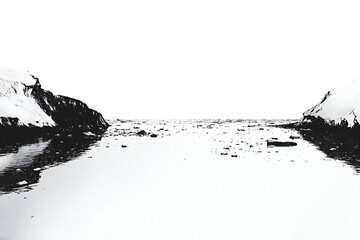 Aufkleber - Black and White Ocean Landscape with Rocky Shoreline and Calm Water for Minimalist Style : Generative AI