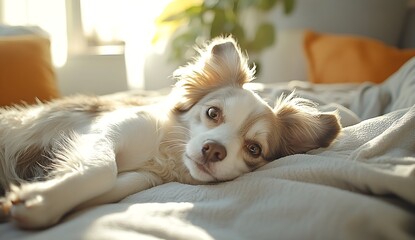 Poster - Cute Dog Portrait Lying on Bed Relaxing Puppy with Brown and White Fur Pet Animal Friend Domestic Canine Comfortable Home : Generative AI
