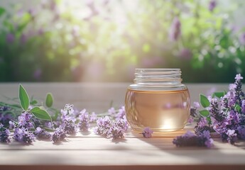 Aufkleber - Radiant lavender oil displayed elegantly with soft blooms creating a peaceful ambiance : Generative AI