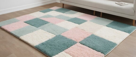 Poster - Pastel Patchwork Rug. Soft Teal And Beige. Home Decor. Cozy And Inviting. Pale Pink Accent. White Squares. Fluffy Texture. Gentle Aesthetic. Interior Design Element.