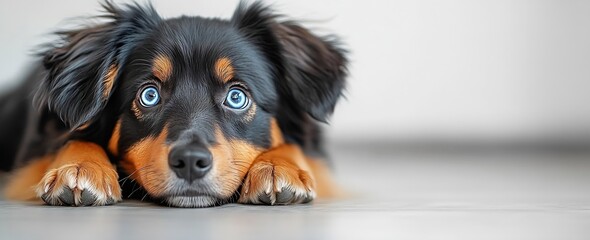 Poster - Adorable Puppy Dog with Striking Blue Eyes Lying Down Cute Pet Portrait of a Young Miniature Australian Shepherd : Generative AI