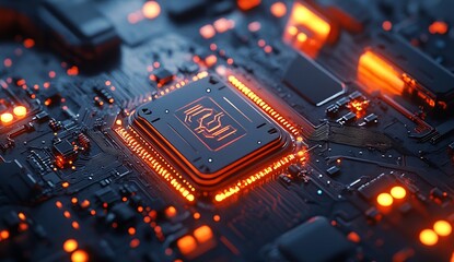 Fototapete - Stunning Visualization of a Circuit Board Featuring Bright Orange Lights Around the Central Microprocessor Component : Generative AI