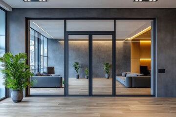 Aufkleber - Modern Office Interior with Glass Doors Tropical Plants Waiting Area Contemporary Design Business Space : Generative AI