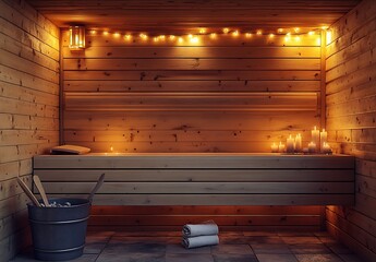 Aufkleber - Bright wooden sauna design featuring candles and inviting ambiance for relaxation : Generative AI