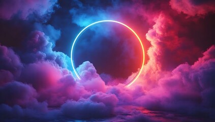 Fototapete - Neon Ring Portal in Cloudscape  Surreal Scene with Glowing Light and Colorful Sky Abstract Dreamscape : Generative AI