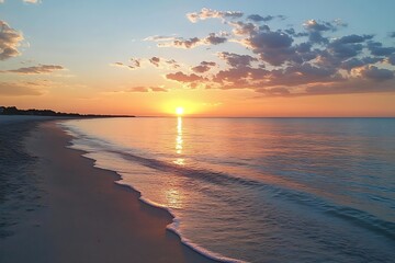 Aufkleber - Calm Ocean Sunset with Orange Sky and Gentle Waves on Sandy Beach Peaceful Coastal Landscape Serene Seascape : Generative AI