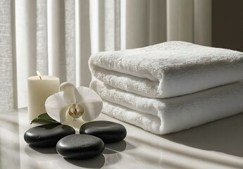 Aufkleber - Serene Spa Day Still Life Stacked Towels Orchid Stones and Candle for Relaxation and Wellness : Generative AI