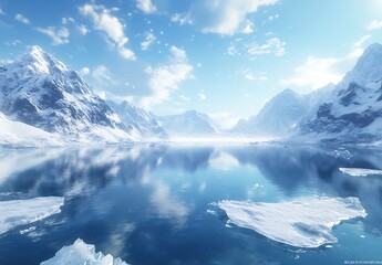 Poster - Gorgeous frozen landscape showcasing towering mountains and vibrant icebergs reflecting in calm waters under bright sunshine : Generative AI