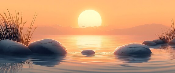 Aufkleber - Golden Sunset over Lake with Rocks and Reflections Serene Nature Landscape for Meditation and Tranquility : Generative AI