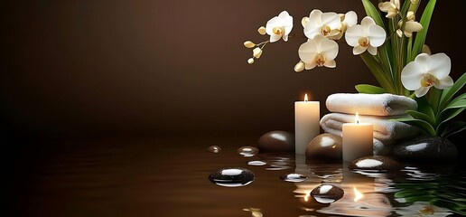 Aufkleber - Elegant Spa Scene with White Orchids Towels and Candles on Reflective Surface Promoting Relaxation Calmness and Tranquility : Generative AI