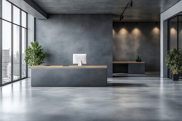Poster - Modern Office Reception Area  Clean Minimalist Design with Desk Plants and City View Professional Lobby : Generative AI