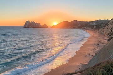 Aufkleber - Beautiful Beach Sunset Over Cabo San Lucas Mexico Coastal Paradise Ocean Waves Cliffs Rocks Peaceful Travel Destination : Generative AI