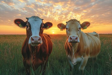 Poster - Cows in a Field at Sunset Peaceful Rural Scene with Farm Animals Grazing in Warm Evening Light and Golden Grass : Generative AI