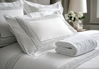 Poster - Luxury Hotel Bedding with Embroidered Pillows and Soft Towel for Ultimate Comfort and Relaxation : Generative AI