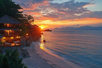 Poster - Tropical Sunset Over Ocean Idyllic Beach Resort at Dusk with Vibrant Sky and Calm Waters for Vacation Inspiration : Generative AI