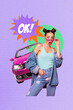 © deagreez - Artwork photo image collage of shocked girl stand new car purchase ok flash automobile salon driver insurance open mouth