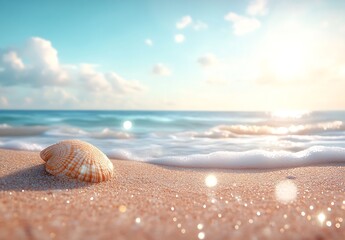Aufkleber - Seashell Beach Sunset Serene Ocean View with Sparkling Sand and Gentle Waves Perfect Summer Escape : Generative AI