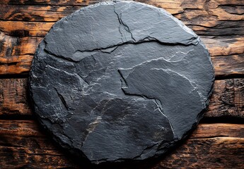 Aufkleber - Dramatic Dark Slate Plate on Rustic Wooden Table Top View for Food Photography or Product Mockups : Generative AI
