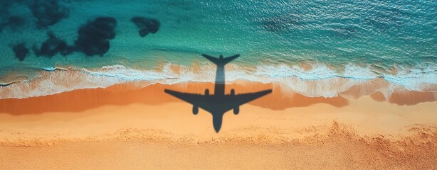 Aufkleber - Aerial View of Airplane Shadow on Tropical Beach with Turquoise Water and Golden Sand Travel Concept : Generative AI