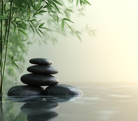 Poster - Zen Garden Still Life Stacked Stones Bamboo and Water for Spa and Wellness Concept. Calm and Peaceful Scene. : Generative AI