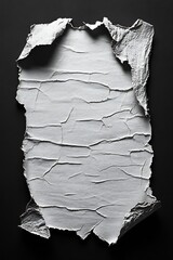 Fototapete - Blank Crumpled White Paper Sheet Texture on Black Background Ripped and Torn Edges Modern Abstract Art Empty Space Message : Generative AI