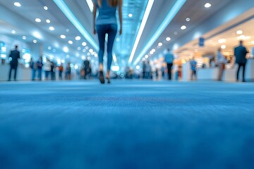 Poster - Airport Travel Adventure Woman Walking Through Modern Terminal with Blue Carpet and Blurry Passengers : Generative AI