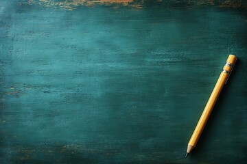 Poster - Green Textured Background with Yellow Pencil on Wood Education Design Element School Supplies Creativity Workspace : Generative AI