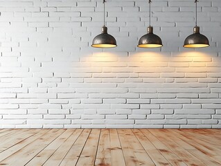 Poster - Modern Interior with White Brick Wall Wooden Floor and Hanging Pendant Lights : Generative AI