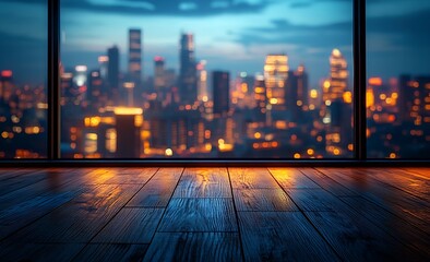 Poster - Dramatic Cityscape View from Window at Night with Sparkling Lights Reflecting on Wood Floor : Generative AI