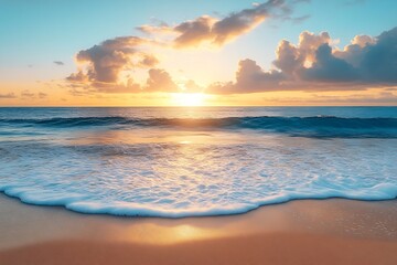 Poster - Ocean Beach at Sunset Golden Hour Light with Waves and Sand Serene Coastal Scene Vacation Photography : Generative AI