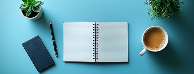 Aufkleber - Top View Desk Setup with Notebook Coffee and Plants Ideal for Writing Planning or Remote Work : Generative AI