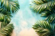 © Generative AI - Tropical Palm Leaves on Light Blue Background Summer Vacation and Exotic Nature Theme Copy Space for Text or Design : Generative AI