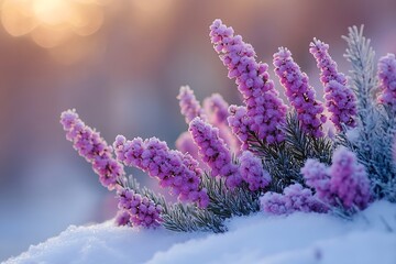 Aufkleber - Winter Bloom Macro Snow Scene Frost Covered Heather Flowers in a Snowy Landscape Gentle Warm Light : Generative AI