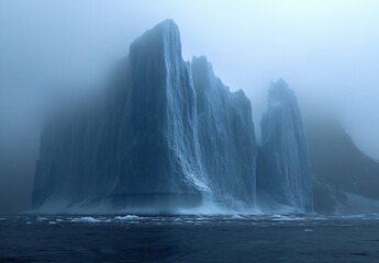 Poster - Mysterious ice mountain shrouded in fog affecting the serene water surface with a dark and moody ambiance : Generative AI