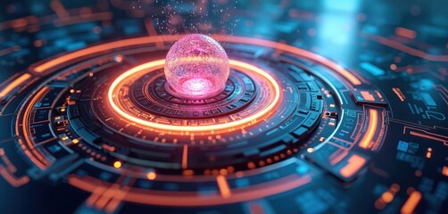 Poster - Abstract illustration of futuristic tech. Glowing sphere in digital circuit board, represents innovation. Tech background with high-tech elements. Cyber world, digital transformation, AI. Bright