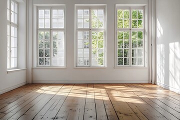 Aufkleber - Bright Empty Room with Three Large Windows and Wooden Floor. Minimalist Interior Design and Natural Light. Spacious and Airy Feel. : Generative AI