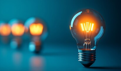 Poster - Edison Light Bulb with Glowing Filament on Blue Concept for Ideas Innovation and Creative Lighting Solutions : Generative AI