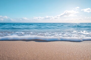 Poster - Seascape Serenity Gentle Waves Lapping Sandy Beach under Sunny Sky Ideal for Summer Vacation Stock Image : Generative AI
